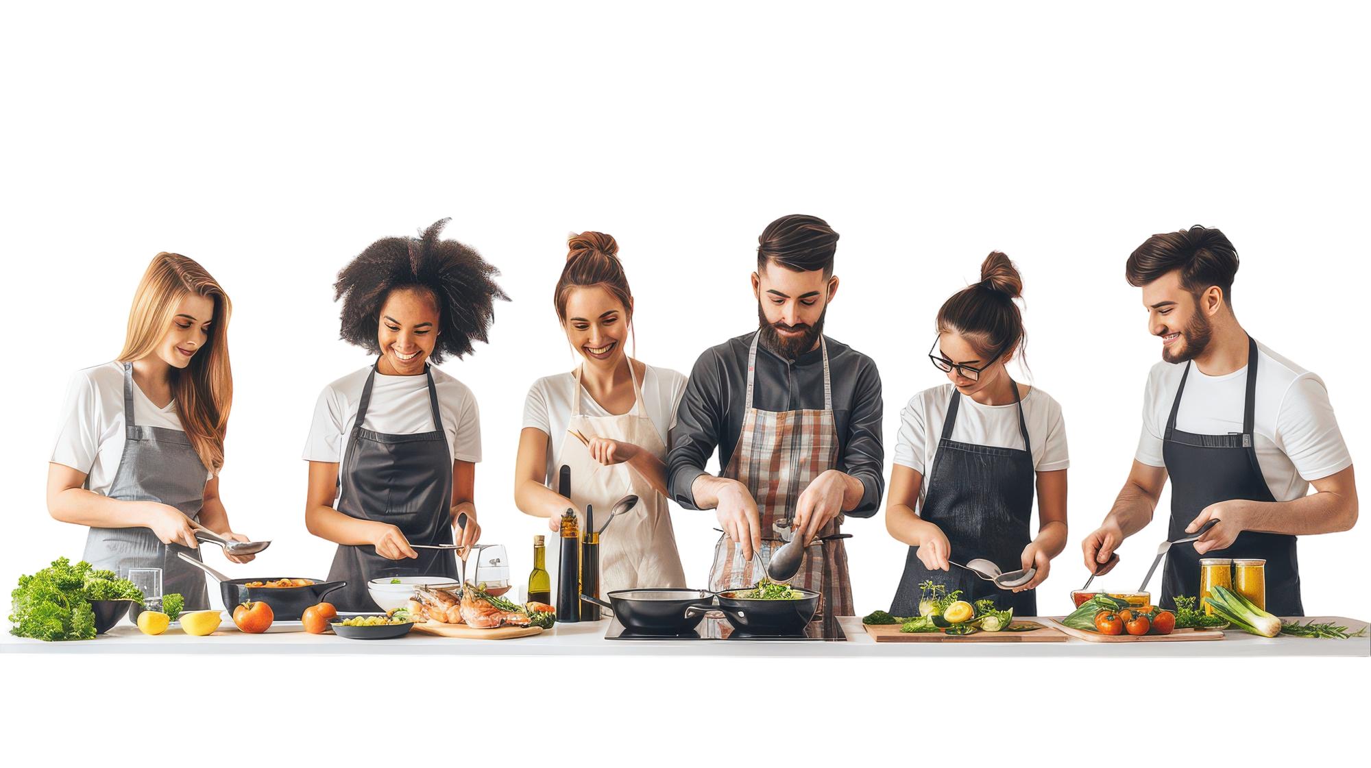 Workshop Gruppe um Arbeitstisch mit Rezepten